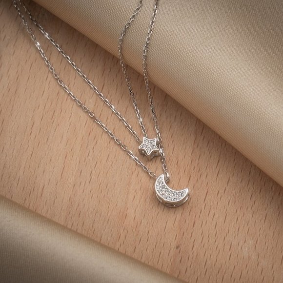 *925 Sterling Silver Diamond Moon Star Necklace - Picture 5 of 12